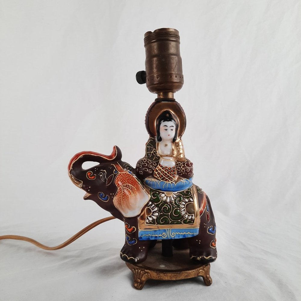 SOLD Vintage Ornate Porcelain Female Buddha Riding on Elephant - Small Lamp Base